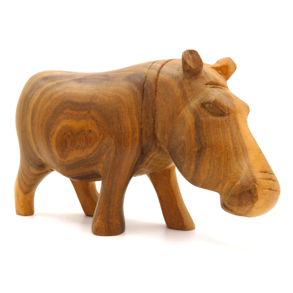 Hand Carved Wooden Hippo Figurine Safari Animal Natural Wood 5.5" Vintage Decor